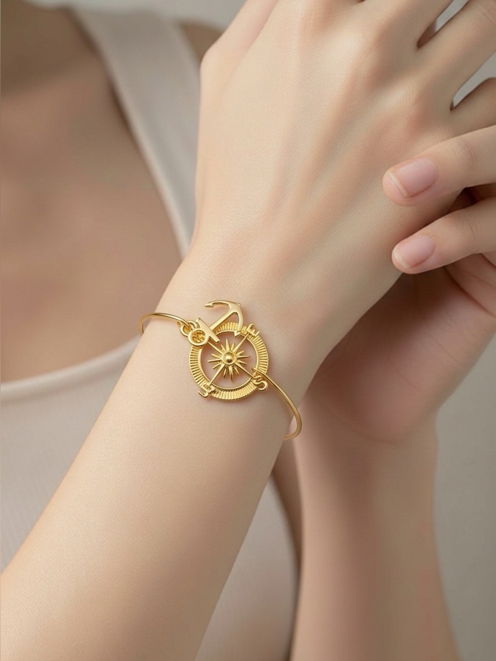 Gold Compass and Anchor Bangle Bracelet - Women Jewelry